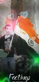 Person holding Indian flag with glowing green effects and text 'Feelings'.