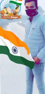 Person with Indian flag and patriotic theme background.