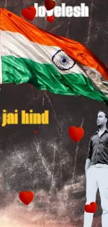 Indian flag wallpaper with hearts and person standing beside.