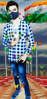 Young man with Indian flags in a vibrant mobile wallpaper.