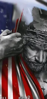 Artistic depiction of Jesus with dove and American flag, symbolizing peace.