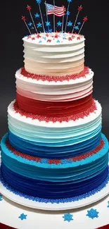 Patriotic red, white, and blue layered cake with flag decoration.