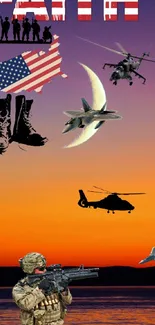 Patriotic military-themed wallpaper with soldiers, helicopters, and jets against a sunset sky.