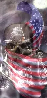 Motorcycle rider with American flag under moonlight on highway.