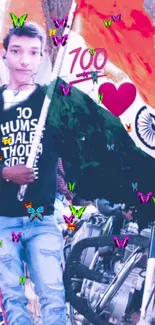 Young man with Indian flag and motorcycle against a colorful background.