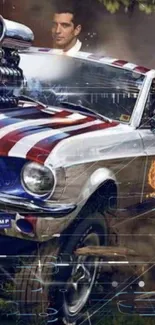 Classic muscle car with patriotic flag design on grass