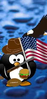 Cartoon penguin with American flag on a blue water drop background.