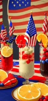 Colorful drinks and American flags wallpaper, perfect for a festive mobile background.