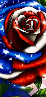 Patriotic rose wallpaper with red, white, blue colors and stars.