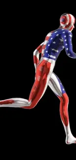 Running figure with patriotic body paint in red, white, and blue on black background.