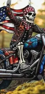 Skeleton riding motorcycle with American flag in background.