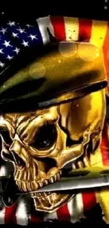 Gold skull with knife on American flag background.