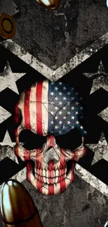 Mobile wallpaper of a skull with American flag decoration and bullets.