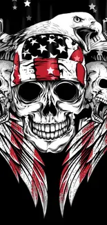 Skull and American flag art with eagle on black background.