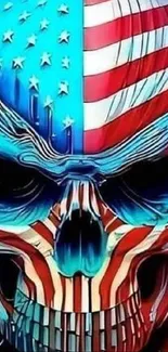 Skull with American flag design on abstract background.