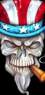 Patriotic skull with cigar on dark background.