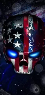 Patriotic skull with stars and stripes on a dark background.