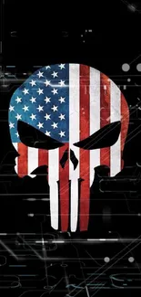 Skull overlayed with American flag on dark background.