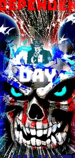 Bold skull with American flag colors and fireworks.