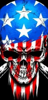 Skull with American flag design and bold colors on black background.