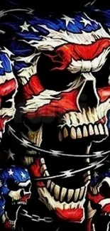 Patriotic skull design with American flag colors on dark background.