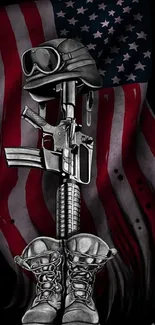 Soldier tribute with helmet and boots against American flag.