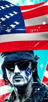 Patriotic soldier with American flag wallpaper art on mobile screen.