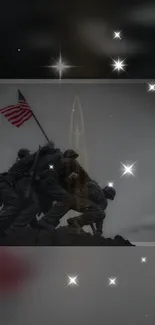 Soldiers raising a flag in grayscale, surrounded by stars.