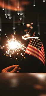 Vibrant sparkler with USA flag on dark background.