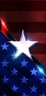 Patriotic mobile wallpaper with a glowing star and American flag.