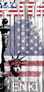 Patriotic Faith wallpaper with Statue of Liberty and American flag on wood background.