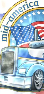 Illustrated blue truck with American flags, Mid-America logo.