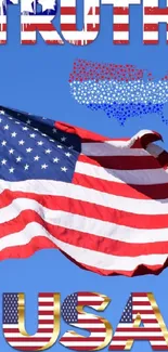 American flag against a blue sky with the words 'Truth' and 'USA'