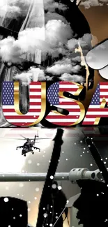 Dynamic USA-themed military wallpaper with flag, helicopter, and dog tags.