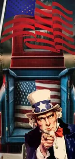 Vintage mobile wallpaper featuring Uncle Sam with an American flag on a classic truck.