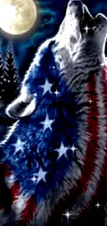 Howling wolf with American flag under moonlit sky in dark forest wallpaper.