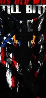 Bold wolf design with American flag colors on black background.