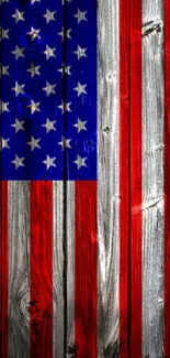 Rustic wooden American flag with stars and stripes.