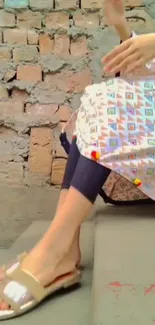 Person in patterned dress sitting against a brick wall.