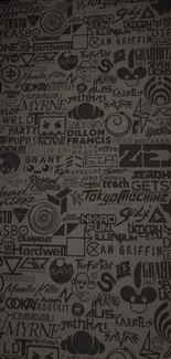 Music-themed wallpaper with artist logos on a dark gray background.