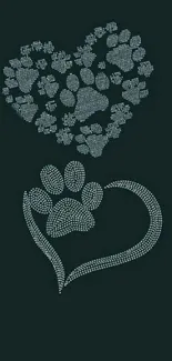 Mobile wallpaper of paw prints forming a heart on dark green background.