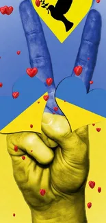 Hand peace sign with hearts and blue-yellow color theme mobile wallpaper.