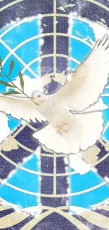 White dove with olive branch on a blue globe background.