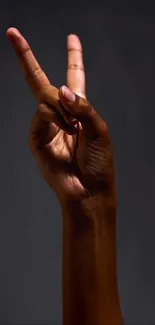 Hand making a peace sign on a dark gray background.