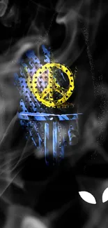 Abstract peace sign with smoke in blue and yellow hues on a black background.