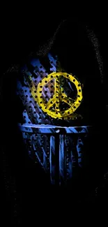 Abstract wallpaper with yellow peace sign on a blue and black background.