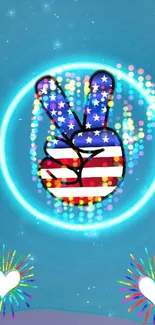 Colorful peace sign neon wallpaper with American flag design.