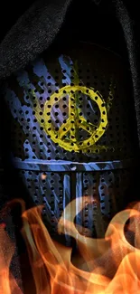 Knight helmet with peace symbol amidst flames.