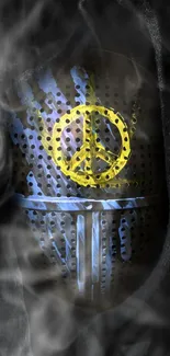 Mobile wallpaper with knight helmet and peace symbol.