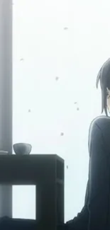 Anime character in peaceful reflection with soft gray tones and serene ambiance.